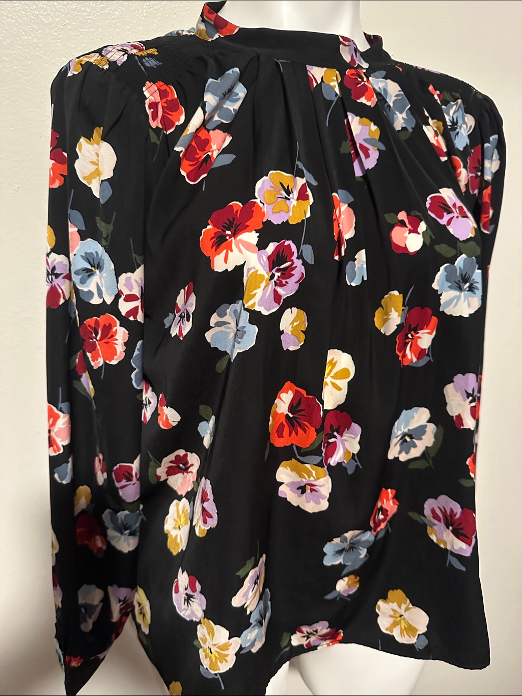 Ann Taylor Black Floral Pansy Print Long-Sleeve Blouse
